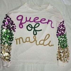 Queen of Mardi Sweatshirt - White with Green, Purple, and Gold Sequins